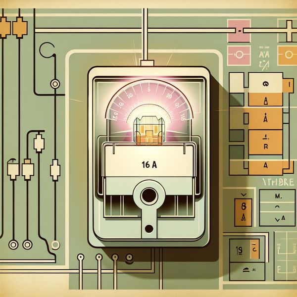 Retro-futuristische illustratie van een elektrische zekeringkast met een 16 ampère zekering die oplicht, omringd door kabels en technische symbolen