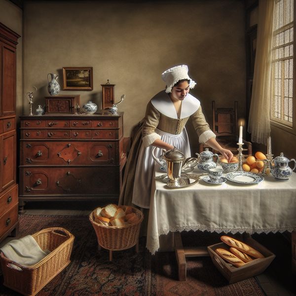 Dienstmeisje in 17e-eeuws Nederlands interieur: historische huishoudelijke hulp 17e-eeuws dienstmeisje in Nederlandse interieur schikt ontbijttafel met porselein en brood