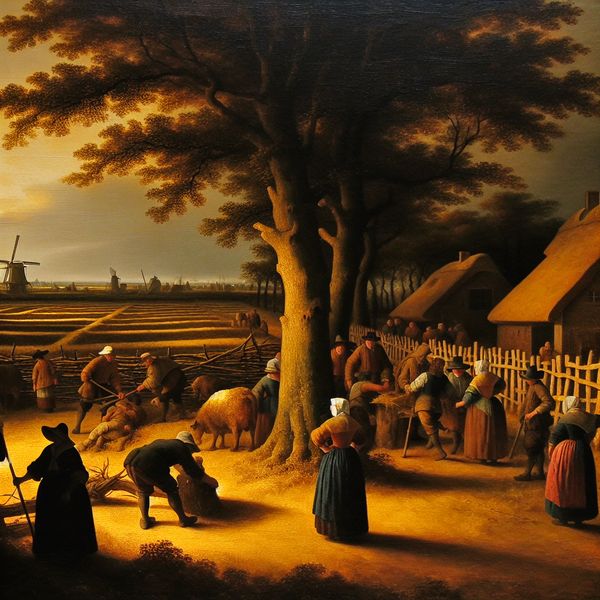 17e-eeuws Nederlands dorpsgezicht in Rembrandt-stijl met boeren die samenwerken op het gemeenschappelijke grondgebied, de mark