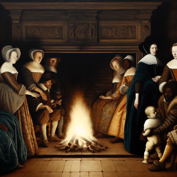 17e-eeuwse groep mensen rond een knapperend haardvuur met warme vlammen en zachte schaduwen, ter illustratie van verbranding en hitteontwikkeling