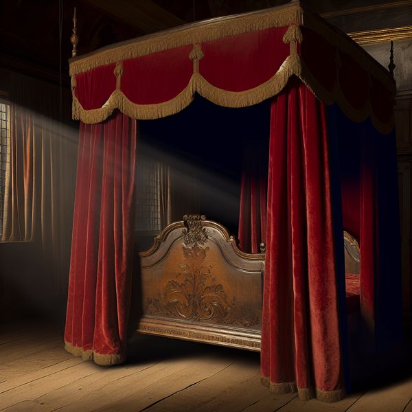 Antiek vierposter hemelbed met rode fluwelen hemel en gouden franjes in een 17e-eeuws Nederlands interieur