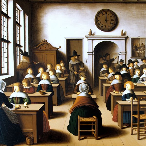 17e-eeuwse Nederlandse genrescène van een rustige schooldag met leerlingen en een leraar in een klaslokaal, geschilderd in de stijl van Gerard ter Borch