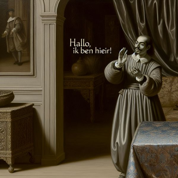 17e-eeuws Nederlands Interieur met Verrassing 17e-eeuws Nederlands interieur met persoon die 'Hallo, ik ben hier!' roept