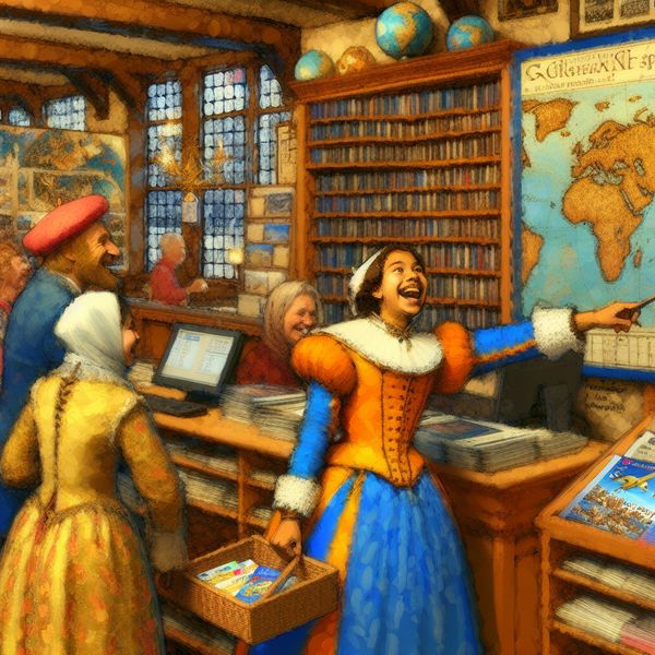 Reisbureau in 17e-eeuws Nederland: organisatie en administratie in levendige barokstijl 17e-eeuwse Nederlandse reisbureau-scène met een vrolijke reisagent die een gezin helpt bij het boeken van een vakantie, geschilderd in de levendige stijl van Frans Hals