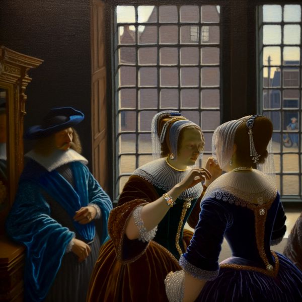 Historische scène van adviseren: een tip doorgeven in de stijl van Gerard ter Borch Twee elegante personen in een 17e-eeuws Nederlands interieur geven elkaar stilletjes een tip, met een politieagent buiten die een verdachte auto onderzoekt