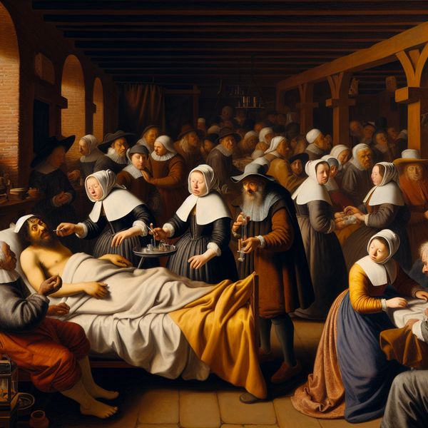 Historische ziekenhuisscène: arts onderzoekt patiënt in 17e-eeuws Nederlands ziekenhuis 17e-eeuwse Nederlandse ziekenhuiszaal met een arts die een zieke patiënt onderzoekt, omringd door verzorgers en andere patiënten in een warme, levendige sfeer