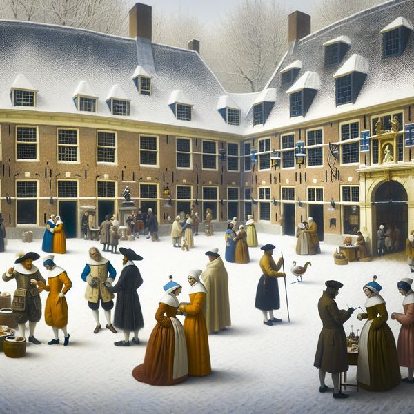 Historische ziekenhuisorganisatie: samenwerking en zorg in de 17e eeuw 17e-eeuwse Nederlandse ziekenhuisorganisatie in winterse sfeer met artsen, verpleegkundigen en personeel die samenwerken en feestvieren in een besneeuwde binnenplaats