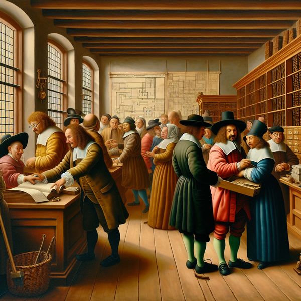 Historische afdeling met klantenservice en technische dienst in Nederlandse genrekunst 17e-eeuws Nederlands tafereel van een drukke afdeling met medewerkers aan het werk, zoals klantenservice en technische dienst, in de stijl van Jan Steen