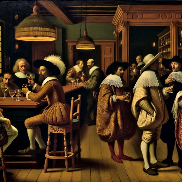 17e-eeuwse Nederlandse bar met elegante mensen in luxe kleding die wijn drinken en converseren in een warme, intieme sfeer