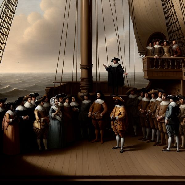 Historische scheepsbemanning in Vermeer-stijl: eenheid en gezag aan boord 17e-eeuwse scheepsbemanning verzameld rond de kapitein op het dek, in de stijl van Johannes Vermeer met zachte belichting en gedetailleerde texturen