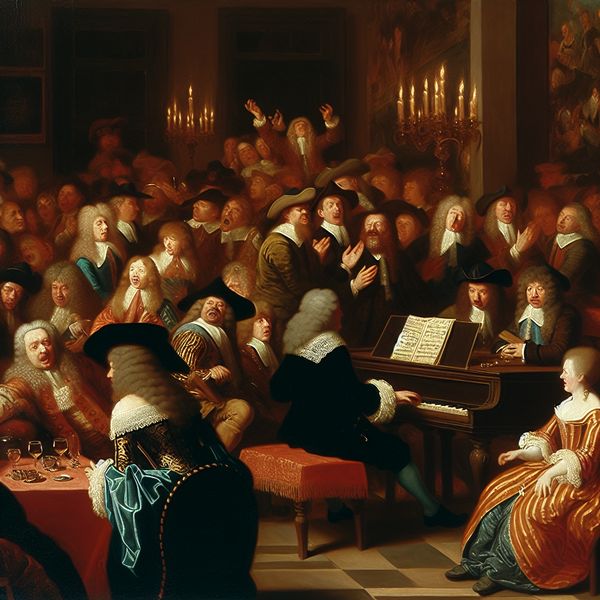 17e-eeuwse Nederlandse bijeenkomst met pianist optredend op een grand piano, omringd door elegante gasten in historische kleding bij kaarslicht