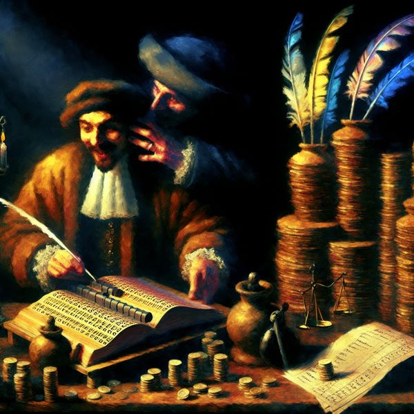 Historische boekhoudfraude: oneerlijke boekhouder vervalst cijfers in 17e-eeuws kasboek 17e-eeuwse oneerlijke boekhouder die cijfers vervalst in een groot kasboek met een ganzenveer, omringd door documenten en munten