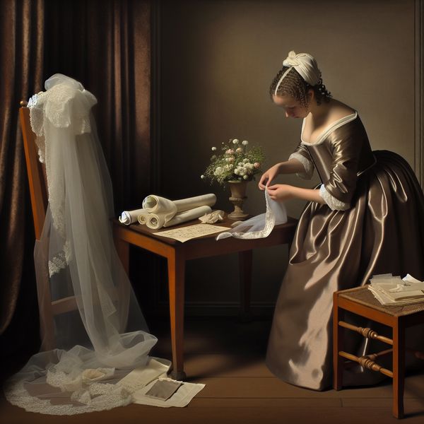 17e-eeuwse bruid in voorbereiding: huwelijksplanning met bloemen en stoffen Jonge bruid in 17e-eeuws Nederlands interieur bekijkt aandachtig een bruidsboeket tijdens huwelijksvoorbereidingen