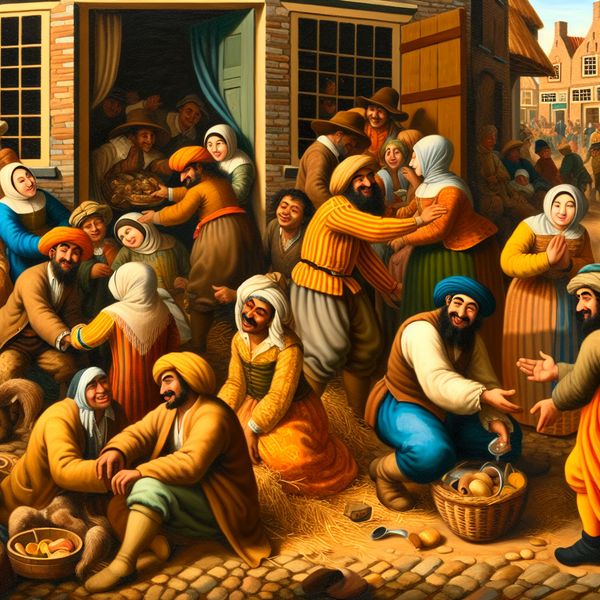 17e-eeuwse buurtscène: sociaal contact en gemeenschap in Nederlandse schilderkunst Gezellige buurtscène uit de 17e eeuw in de stijl van Jan Steen, met buren die lachen, praten en eten delen, wat de waarde van sociaal contact benadrukt