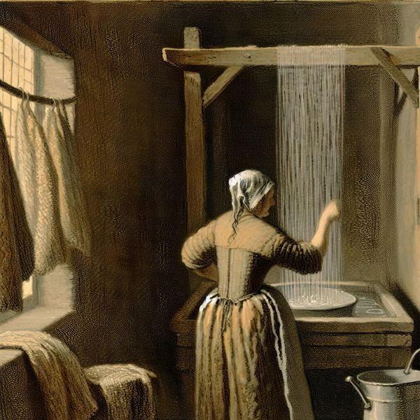 17e-eeuwse Nederlandse badkamer scène met persoon die zich wast onder stromend water uit een historische sproeier