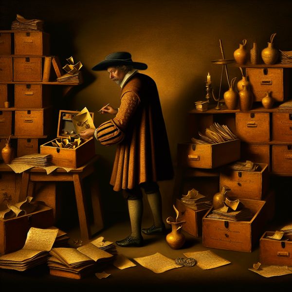 Classificeren en ordenen: historische scène van wetenschappelijke categorisatie in Rembrandt-stijl 17e-eeuwse Nederlandse geleerde classificeert objecten in houten dozen bij kaarslicht, Rembrandt-stijl met chiaroscuro