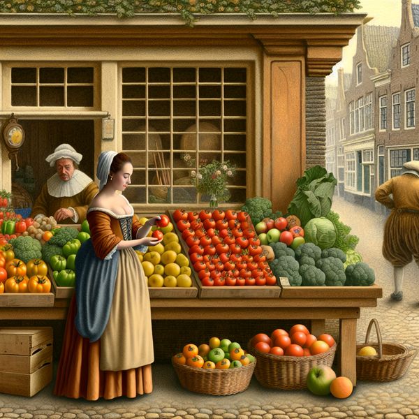17e-eeuwse groentewinkel met verse tomaten, bladgroenten en fruit, geïnspireerd op schilderijen van Gerard ter Borch