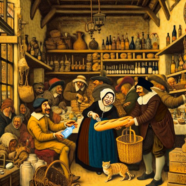 Historische handelsscène: verkoop van brood en melk in Nederlandse markt uit de Gouden Eeuw 17e-eeuwse Nederlandse marktscène in de stijl van Jan Steen met een vrolijke winkelier die brood en melk verkoopt aan een klant in ruil voor geld