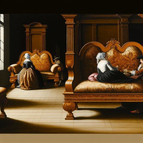 17e-eeuws Hollands interieur met een rijk gestoffeerde houten zitbank, waar twee elegante personen op zitten in een warme woonkamer