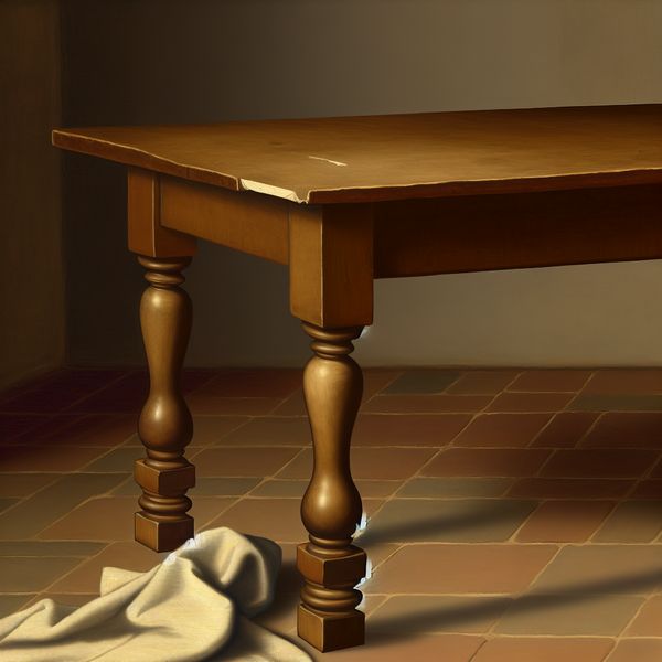Houten meubelpoten: structuur en onderhoud van 17e-eeuwse tafel in Nederlandse stijl 17e-eeuws Nederlands interieur met houten tafel met vier stevige, taps toelopende poten en zichtbare barst in één poot, omringd door gedrapeerde stof en subtiele meubeldetails