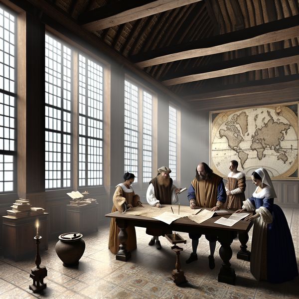 Historische samenwerking in Nederlandse instelling: teamwork en gemeenschappelijk doel 17e-eeuwse Nederlandse instelling waar een groep mensen samenwerkt aan documenten en kaarten op een houten tafel, in de stijl van Johannes Vermeer