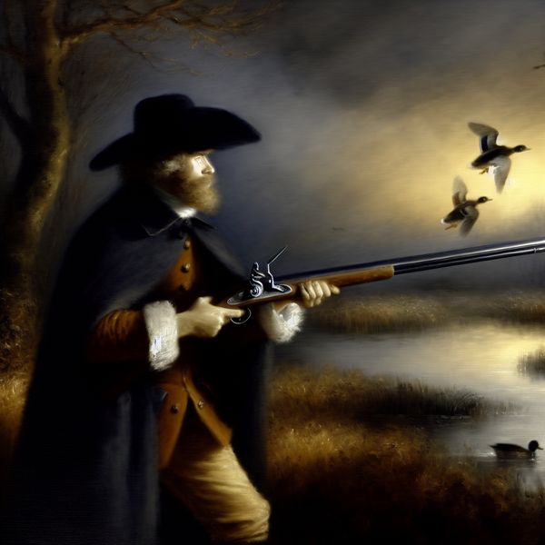Traditionele jager met langgeweer in Rembrandt-stijl schilderij 17e-eeuwse jager met een langgeweer in dramatisch licht, klaar om te schieten op wegvliegende eenden in een mistig landschap