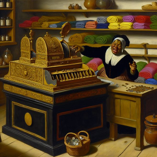 Historische kassa in levendige Nederlandse winkel – taferel in de stijl van Frans Hals 17e-eeuwse Nederlandse marktscène met vrolijke caissière achter een houten toonbank met een antieke kassa, munten en papieren guldens
