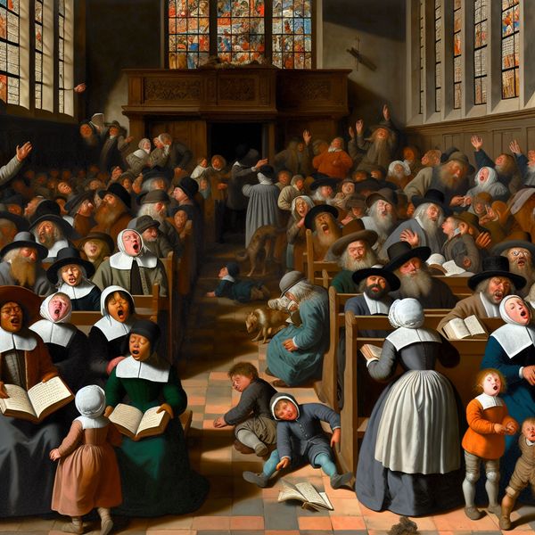 Historische kerkdienst in Nederlandse schilderkunst: religieuze viering en gemeenschap 17e-eeuwse Nederlandse kerkdienst met zingende en biddende gemeente in warme, aardse kleuren, geschilderd in de stijl van Jan Steen