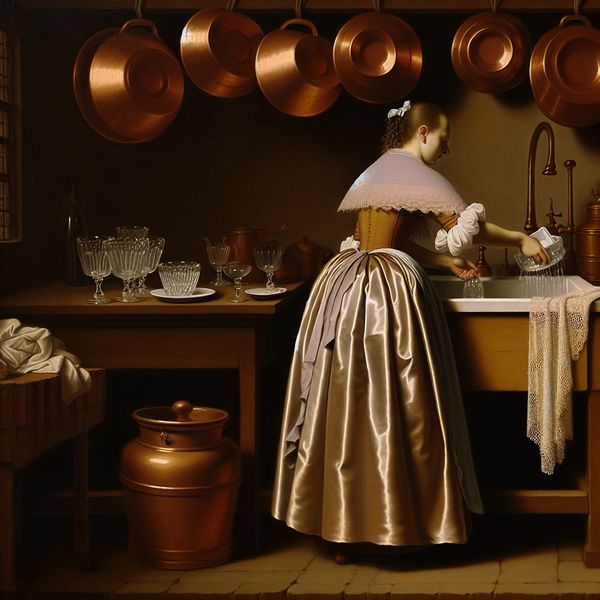 Historische keuken na het eten: afwassen van porselein en glaswerk in Nederlandse stijl 17e-eeuwse Nederlandse keukenscène met jonge vrouw die fijn porselein en glaswerk afwast na de maaltijd