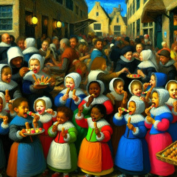 Kinderen genieten van snoep in historische Nederlandse marktscène Groep blije 17e-eeuwse kinderen die snoep en zoete lekkernijen eten op een levendige markt in Nederlandse stijl