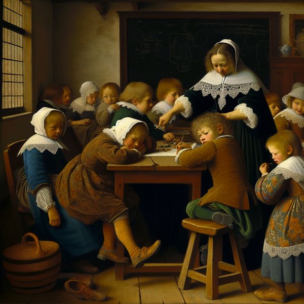Historische klas met vervelende kinderen: 17e-eeuws tafereel van storend gedrag 17e-eeuwse Nederlandse klas met rusteloze kinderen die storend gedrag vertonen, terwijl de leraar vermoeid toekijkt