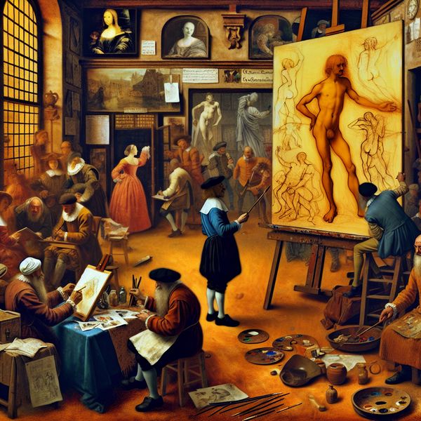 17e-eeuws Hollands genreschilderij van een levendige kunststudio met een kunstenaar die een naaktmodel schildert, omringd door andere artiesten en klassieke beelden