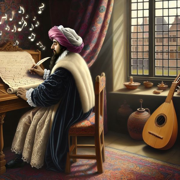 17e-eeuwse olieverfschilderij van een liedjesschrijver die geconcentreerd teksten en muziek componeert aan een houten bureau met een luit en ganzenveer