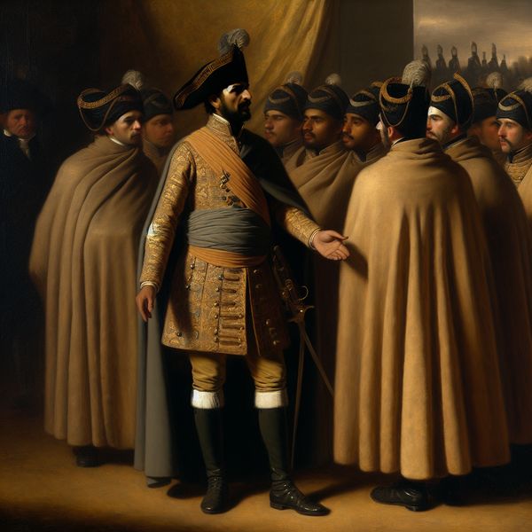 Historische luitenant in Nederlands leger: militaire hiërarchie en discipline in de 17e eeuw 17e-eeuwse Nederlandse luitenant geeft orders aan soldaten in gedetailleerd militair uniform, historische legerhiërarchie