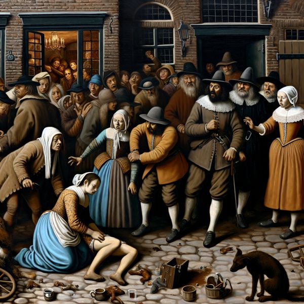 17e-eeuws Nederlands genreschilderij van een chaotisch misdaadonderzoek naar een moord op een jonge vrouw in een levendige straatscène, in de stijl van Jan Steen