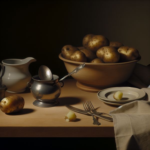 17e-eeuwse Nederlandse keukentafel met dampende gekookte aardappelen, zilveren lepel en linnen servet in Ter Borch-stijl