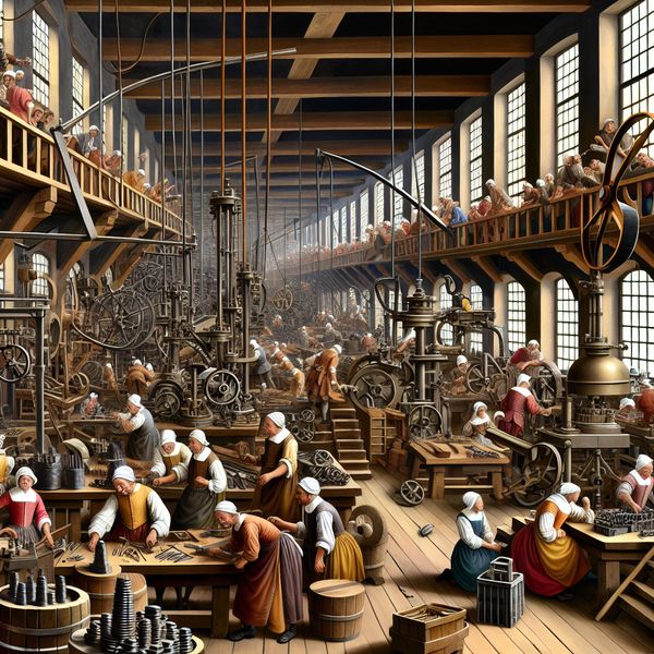 Historische Nederlandse fabriek: productie van auto-onderdelen in de 17e eeuw 17e-eeuwse Nederlandse fabriek waar auto-onderdelen worden geproduceerd, met arbeiders aan het werk bij machines en werkbanken