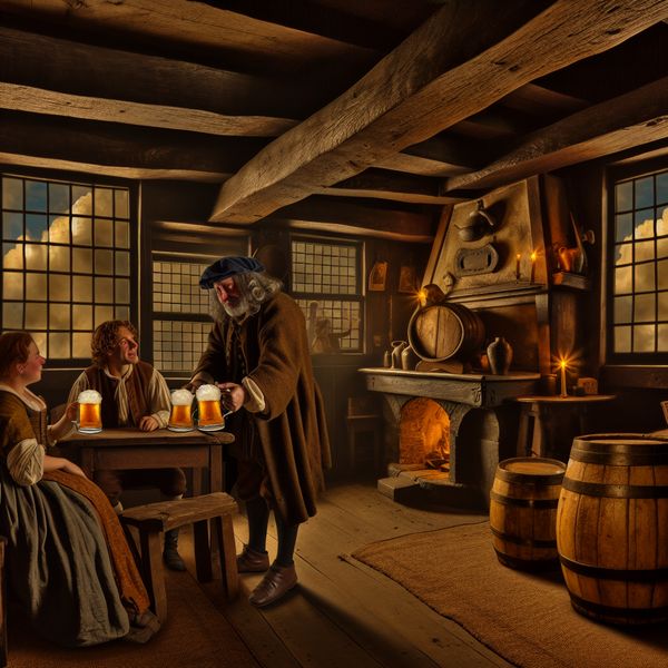 17e-eeuwse Nederlandse herberg met herbergier die bier tapt voor vrolijke gasten bij een houten tafel, warme sfeer met kaarslicht en open haard