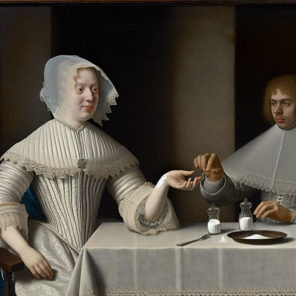 17e-eeuwse Nederlandse huiselijke scène met een vrouw en man aan een eettafel