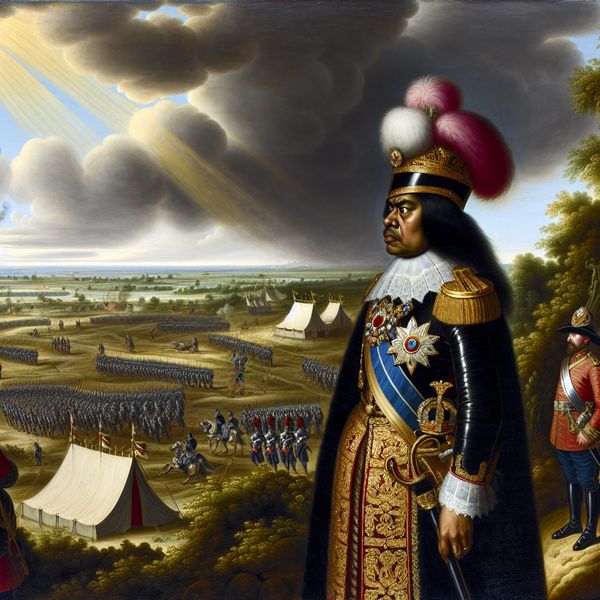 17e-eeuwse Nederlandse kolonel in volle militaire uitrusting op een heuvel met uitzicht op een veldslag, geschilderd in de stijl van Jacob van Ruisdael