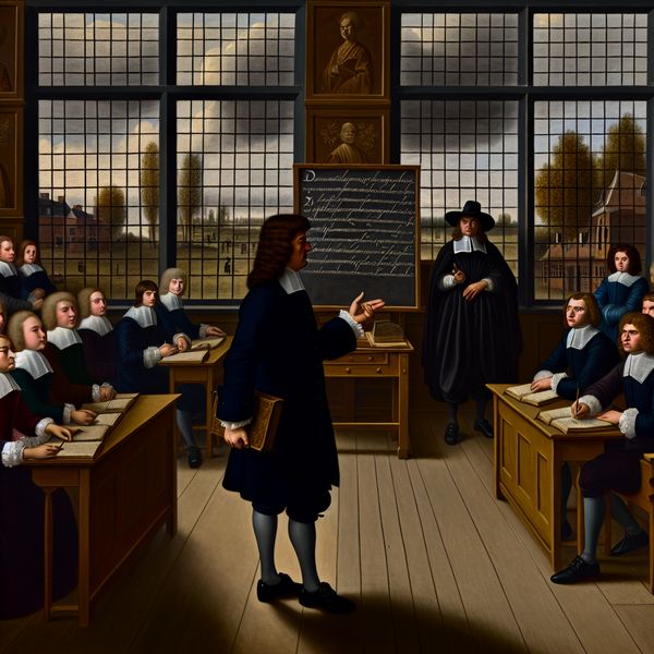17e-eeuwse Nederlandse klaslokaal met strenge maar betrokken leraar die uitleg geeft over Nederlandse grammatica aan aandachtige middelbare scholieren