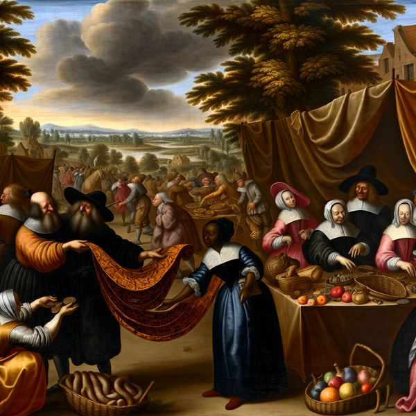 Historische handelsscène: Nederlandse markt uit de Gouden Eeuw met transacties en goederenruil 17e-eeuwse Nederlandse marktscène met levendige handel in stoffen, fruit en aardewerk, geschilderd in de stijl van Jacob van Ruisdael