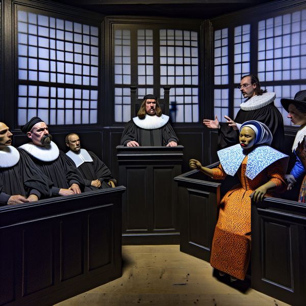 Nederlandse rechtspraak in de Gouden Eeuw: historische rechtszaal met rechters en gedaagde 17e-eeuwse Nederlandse rechtszaal met rechters in zwarte toga's en witte kragen die een zaak behandelen, geschilderd in de stijl van Frans Hals
