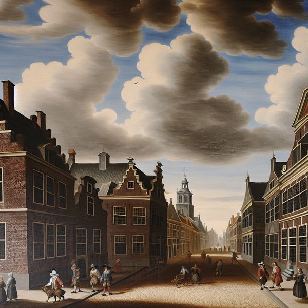 17e-eeuwse Nederlandse stadsstraat in de stijl van Ruisdael Schilderij van een straat die naar het stadscentrum leidt, in de stijl van Jacob van Ruisdael
