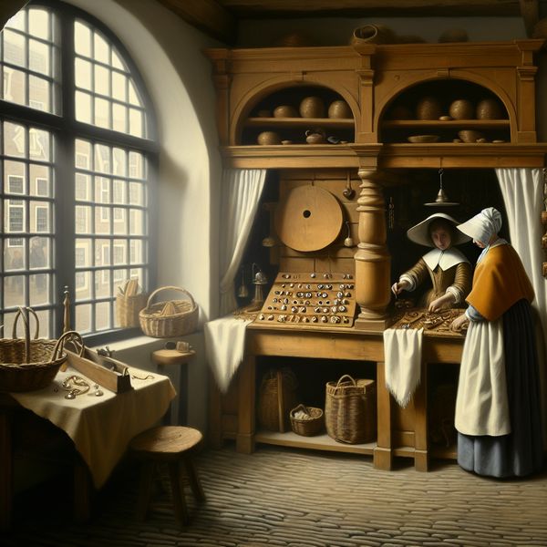 Historische Nederlandse winkel met ambachtelijke producten en sieraden - Taal leren Nederlands 17e-eeuwse Nederlandse winkel met ambachtelijke sieraden en handgemaakte goederen, vrouw ordent delicate juwelen achter houten toonbank