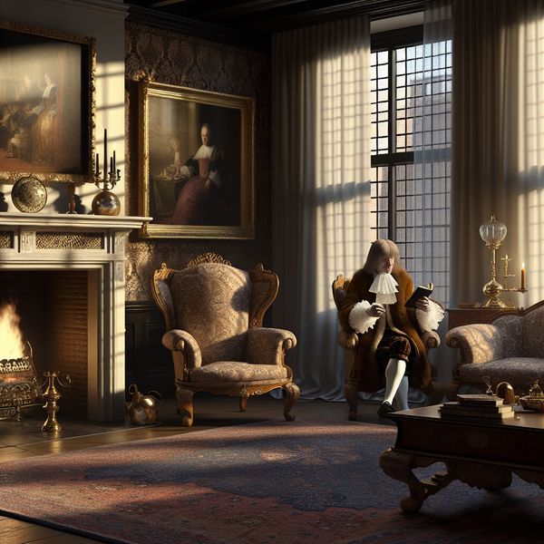 Traditionele Nederlandse woonkamer: gezelligheid en elegantie in historische setting 17e-eeuwse Nederlandse woonkamer met elegante meubels, een persoon lezend in een fauteuil en zacht zonlicht door gordijnen