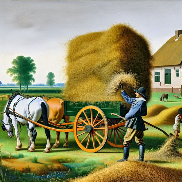 Traditionele paardenkar met hooi op een 17e-eeuwse Nederlandse boerderij, geschilderd in de levendige stijl van Frans Hals