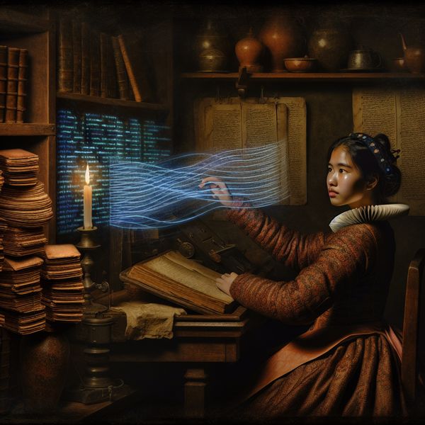 Aanpassen van code in historische setting - digitale schilderkunst in Rembrandt-stijl 17e-eeuwse programmeur past gloeiende holografische code aan in een donker studeervertrek met kaarslicht, Rembrandt-stijl