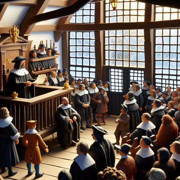 Historische rechtszaak in Nederlandse rechtbank: rechter leest vonnis voor 17e-eeuwse Nederlandse rechtszaal met rechter die vonnis voorleest aan verdachte en publiek, geïnspireerd op Hendrick Avercamp