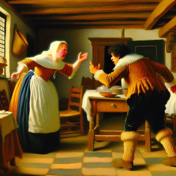 17e-eeuwse ruzie: emotioneel conflict tussen man en vrouw in Nederlandse huiskamer Twee mensen in een heftige ruzie in een 17e-eeuws Nederlands huishouden, geschilderd in de stijl van Frans Hals